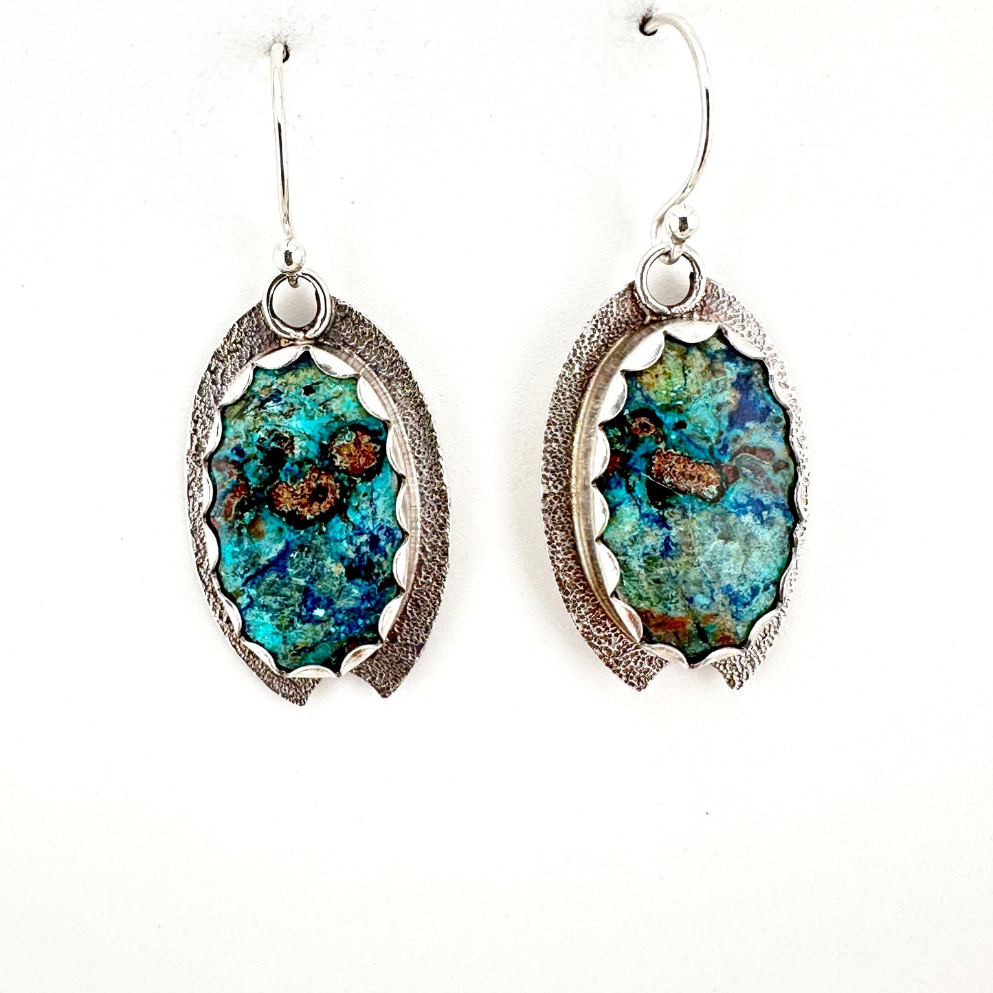 Chrysocolla Azurite Oval Textured & Notched Earrings