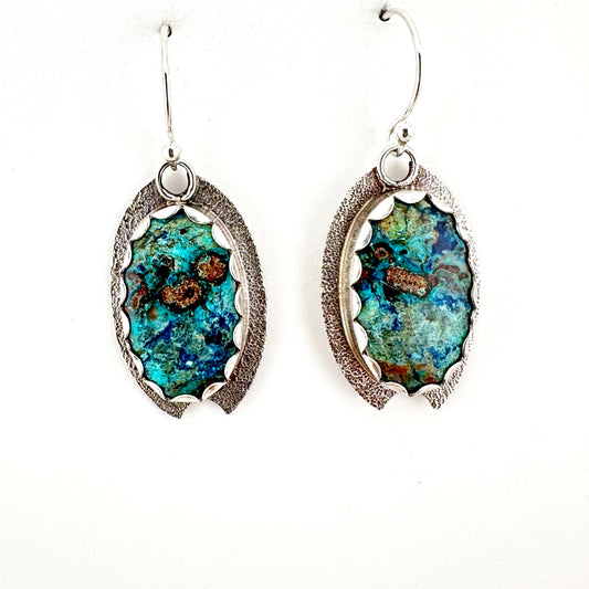Chrysocolla Azurite Oval Textured & Notched Earrings
