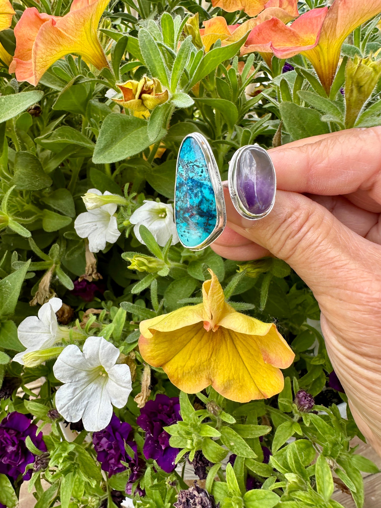 Chrysocolla & Amethyst Adjustable Ring Size 11.25