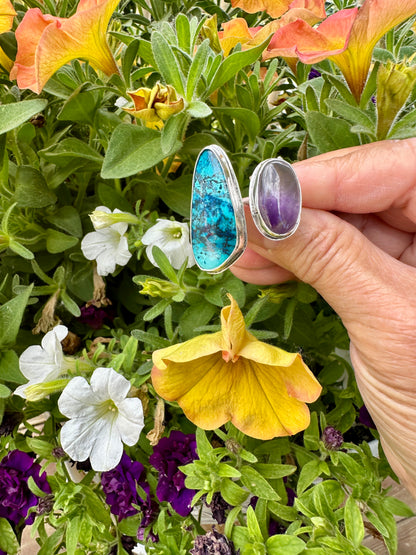 Chrysocolla & Amethyst Adjustable Ring Size 11.25