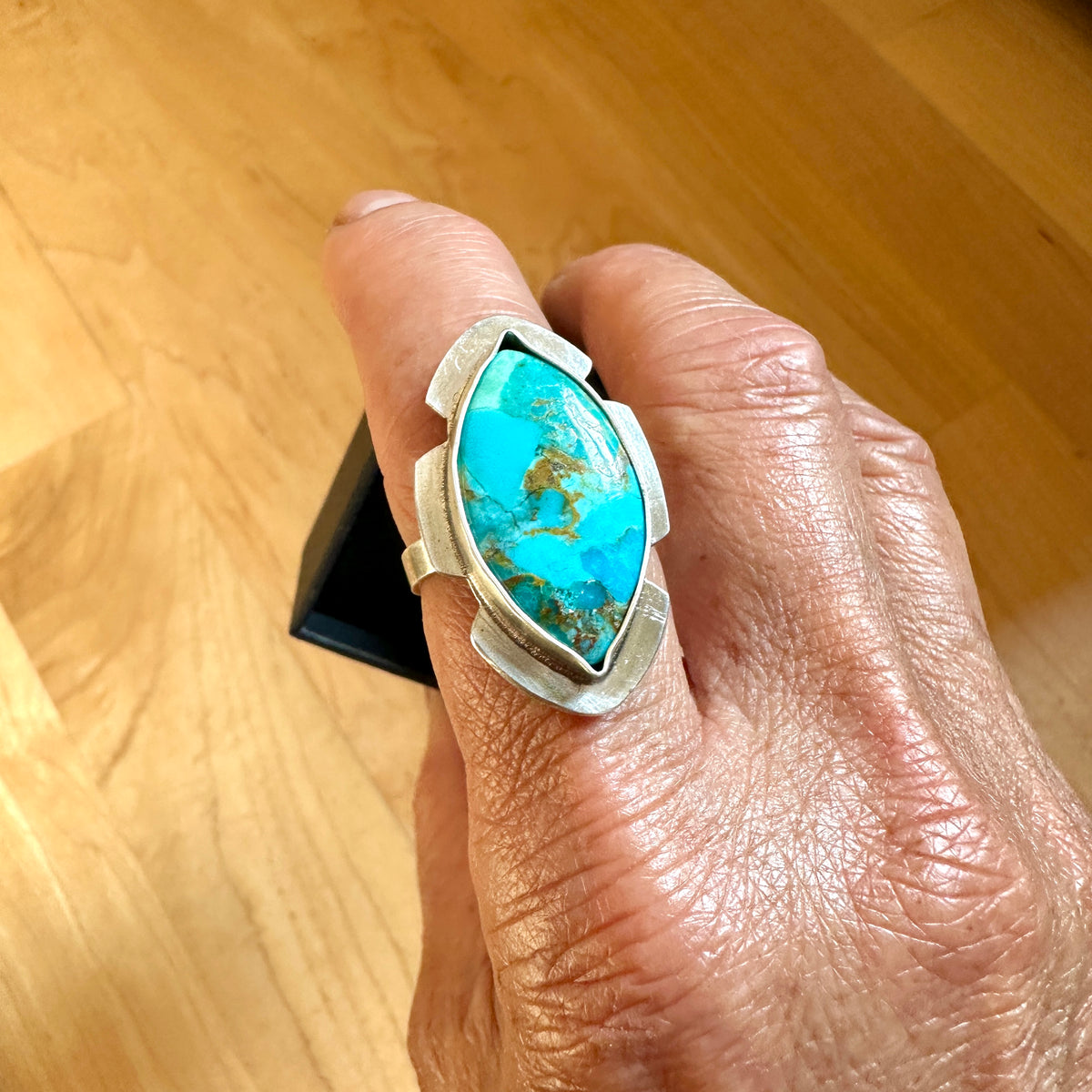 Diamond Turquoise Notched Base Ring Size 8.5