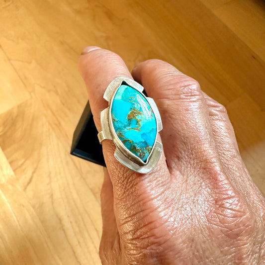 Diamond Turquoise Notched Base Ring Size 8.5