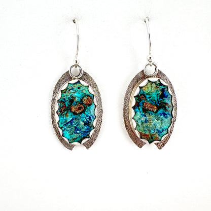 Chrysocolla Azurite Oval Textured & Notched Earrings