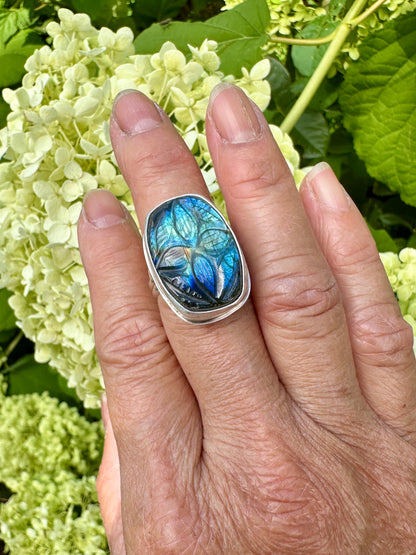 Carved Rectangle Blue Labradorite Ring Size 9.5
