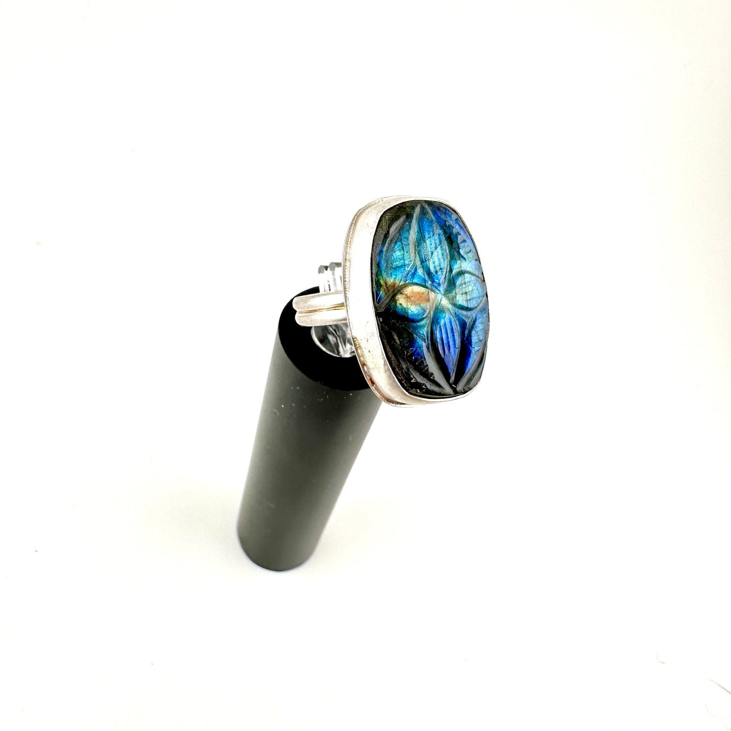 Carved Rectangle Blue Labradorite Ring Size 9.5