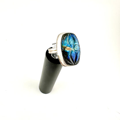 Carved Rectangle Blue Labradorite Ring Size 9.5