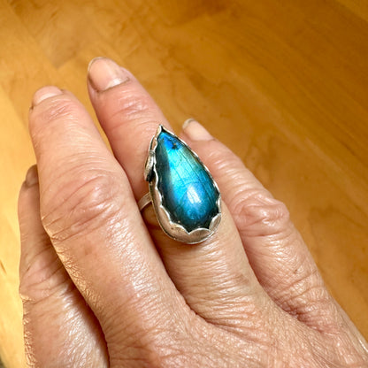 Teardrop Labradorite Blue Flash Ring Size 6.5