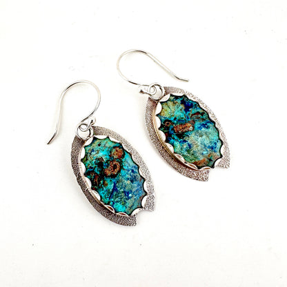 Chrysocolla Azurite Oval Textured & Notched Earrings