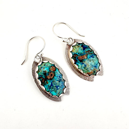 Chrysocolla Azurite Oval Textured & Notched Earrings