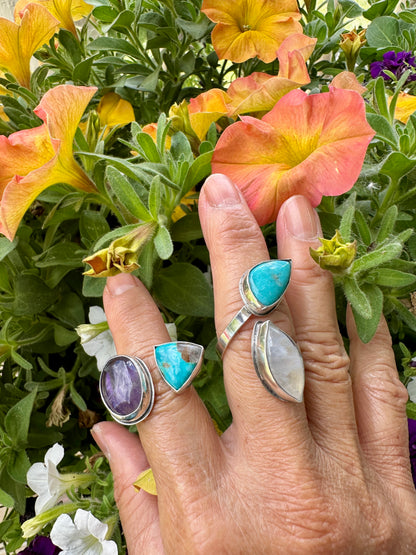 Turquoise & Moonstone Adjustable Ring Size 8.75