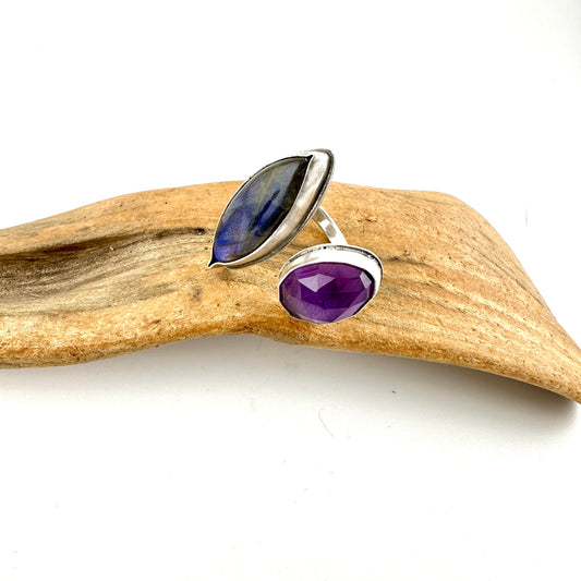 Labradorite & Amethyst Adjustable Ring Size 7.5