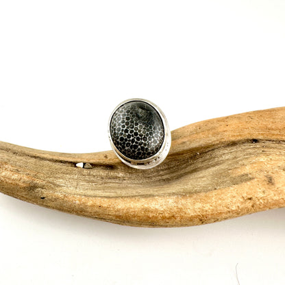 Oval Stingray Fossil Coral Ring Size 10