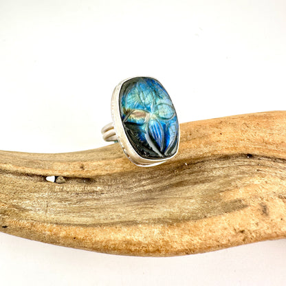 Carved Rectangle Blue Labradorite Ring Size 9.5