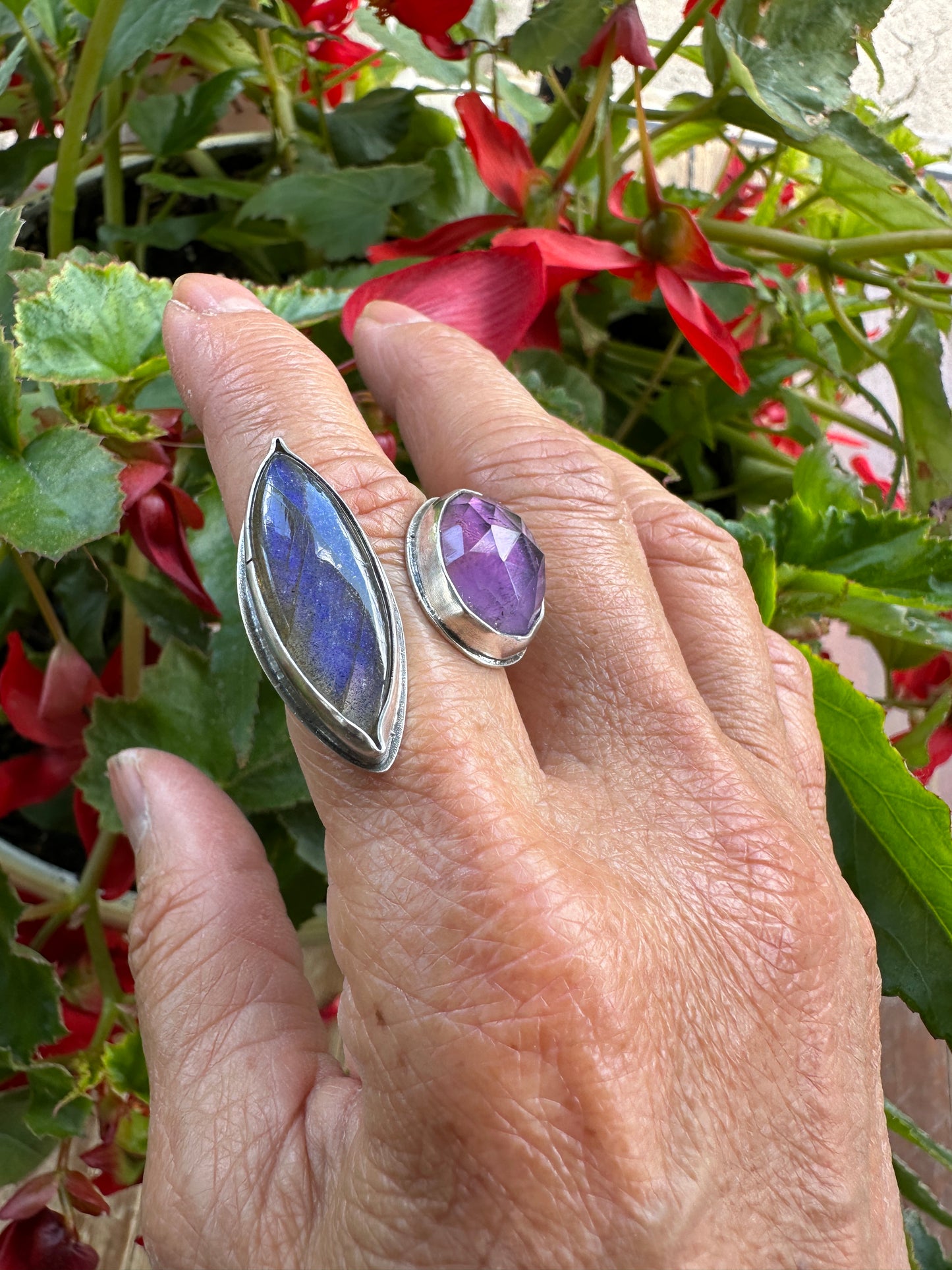 Labradorite & Amethyst Adjustable Ring Size 7.5