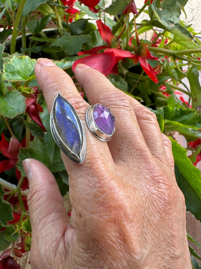 Labradorite & Amethyst Adjustable Ring Size 7.5