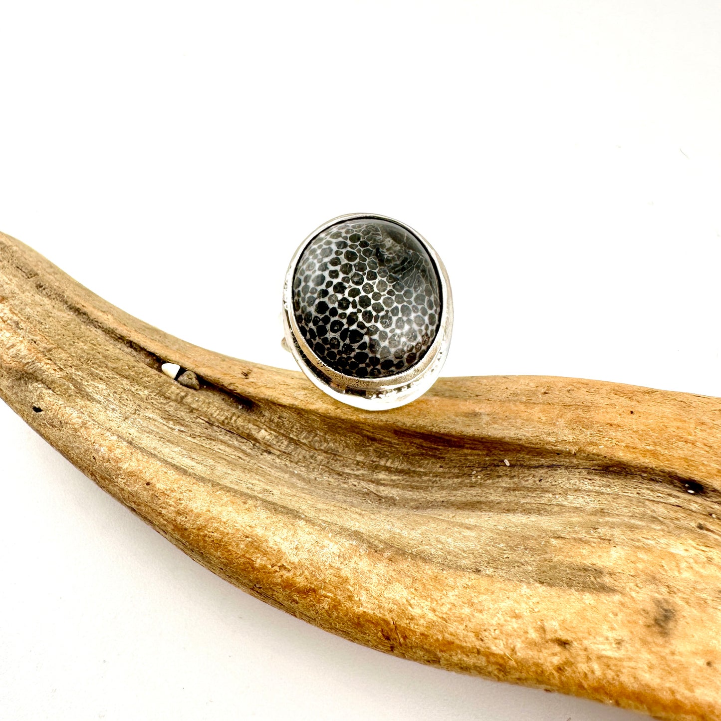 Oval Stingray Fossil Coral Ring Size 10