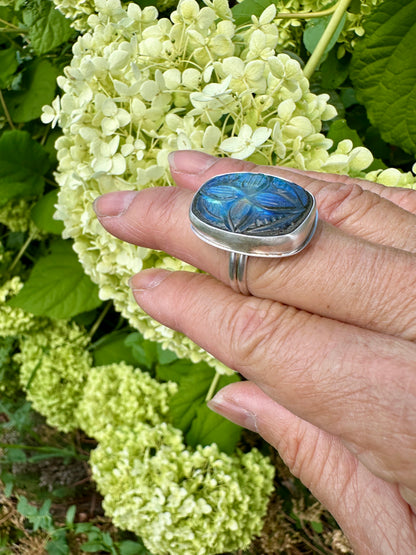 Carved Rectangle Blue Labradorite Ring Size 9.5