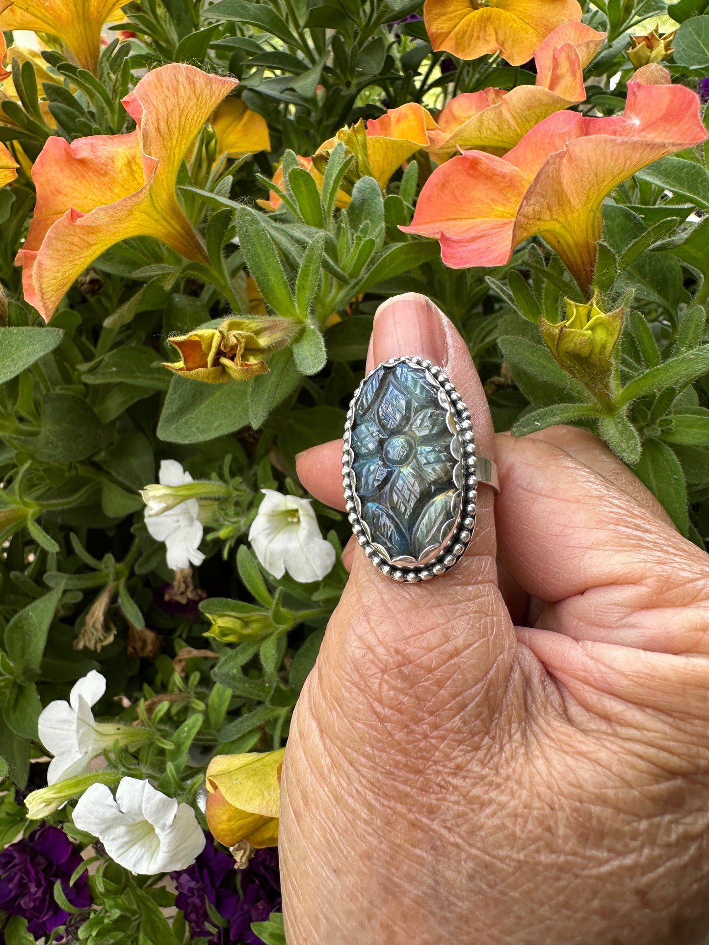 Carved Oval Blue Labradorite Ring Size 9.5