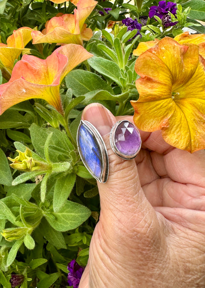 Labradorite & Amethyst Adjustable Ring Size 7.5