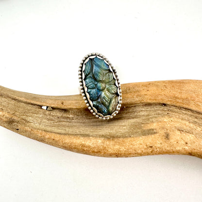 Carved Oval Blue Labradorite Ring Size 9.5