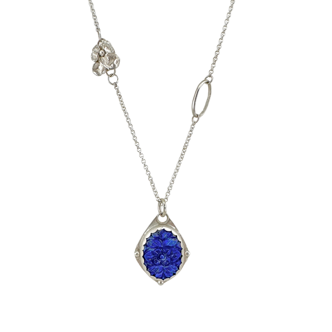 Carved Lapis Lazuli Oval Pendant Necklace