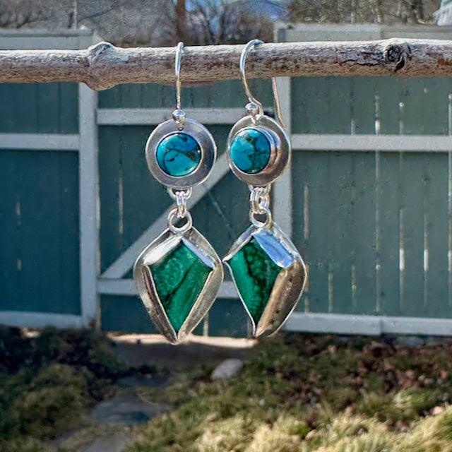 Round Turquoise & Diamond Malachite Earrings