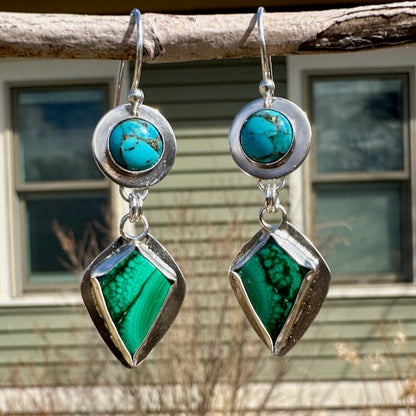 Round Turquoise & Diamond Malachite Earrings