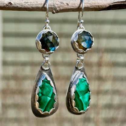 Rosecut Labradorite & Teardrop Malachite Earrings