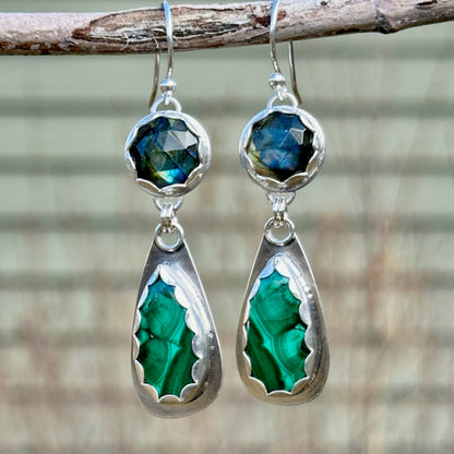 Rosecut Labradorite & Teardrop Malachite Earrings