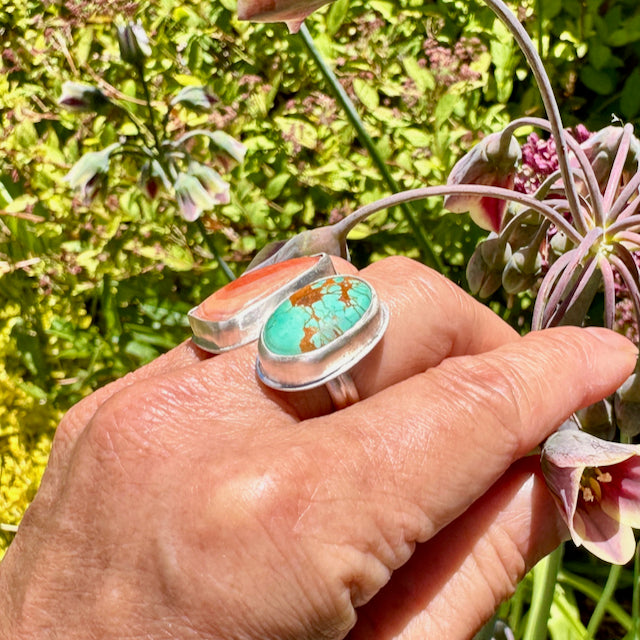 Mojave Turquoise & Banded Agate Adjustable Ring Size 7.25-8