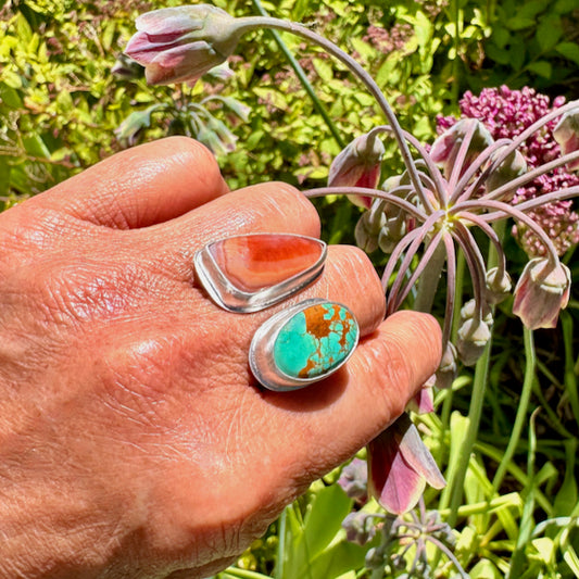 Mojave Turquoise & Banded Agate Adjustable Ring Size 7.25-8