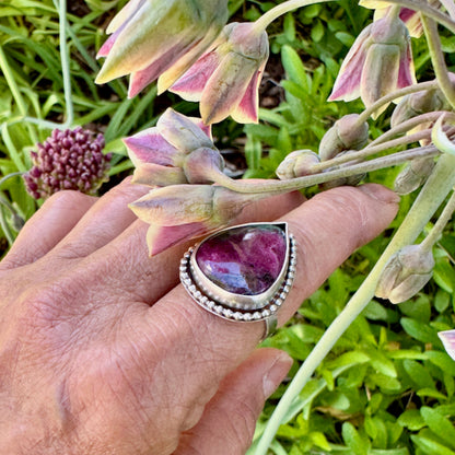 Pear Shape Ruby Zoisite with Beaded Collar Ring Size 7.75