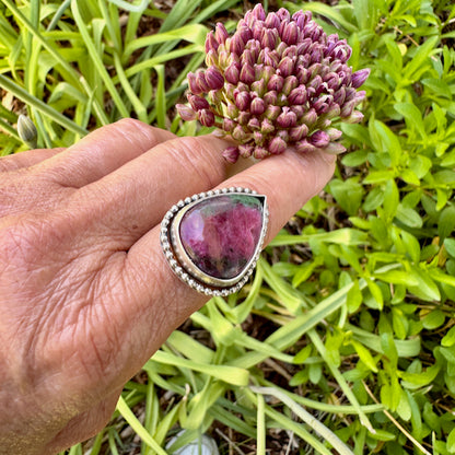 Pear Shape Ruby Zoisite with Beaded Collar Ring Size 7.75
