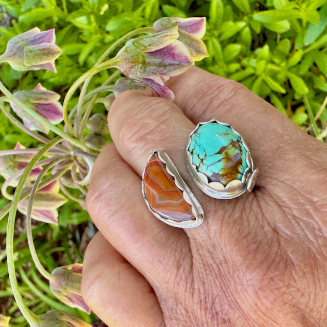 Mojave Turquoise & Banded Agate Adjustable Ring Size 8-8.75