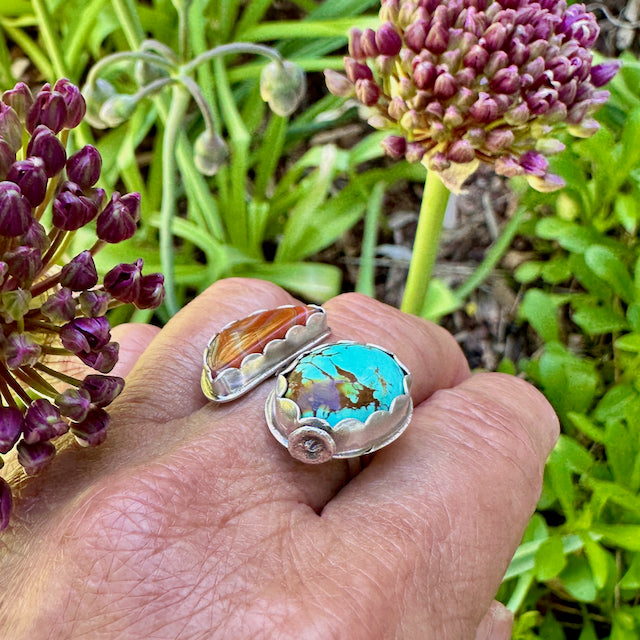 Mojave Turquoise & Banded Agate Adjustable Ring Size 8-8.75