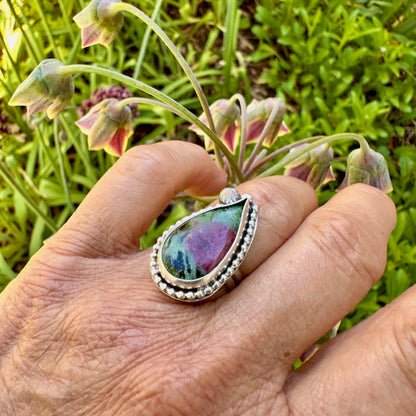 Teardrop Ruby Zoisite with Beaded Collar Ring Size 6.25