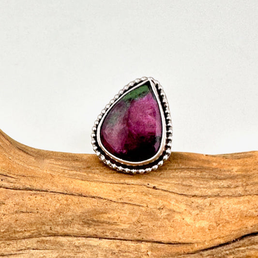 Pear Shape Ruby Zoisite with Beaded Collar Ring Size 7.75