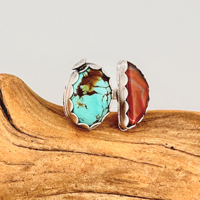 Mojave Turquoise & Banded Agate Adjustable Ring Size 8-8.75