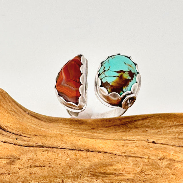 Mojave Turquoise & Banded Agate Adjustable Ring Size 8-8.75
