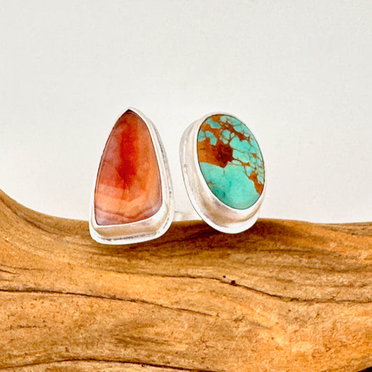 Mojave Turquoise & Banded Agate Adjustable Ring Size 7.25-8
