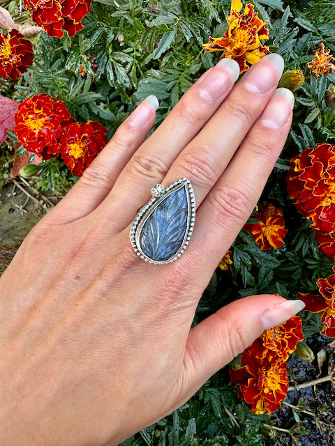 Carved Wheat Teardrop Labradorite Ring Size 10