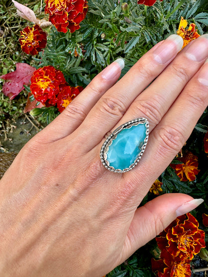 Teardrop Larimar with Beaded Decorative Ring Size 9