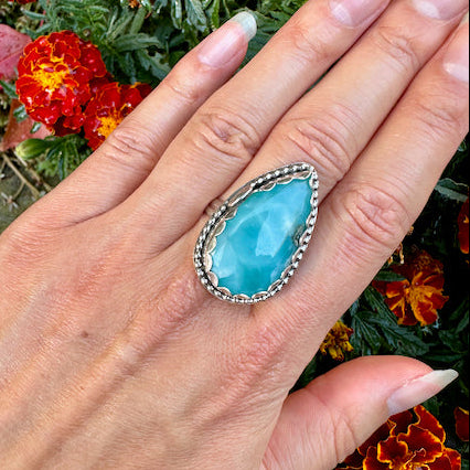 Teardrop Larimar with Beaded Decorative Ring Size 9