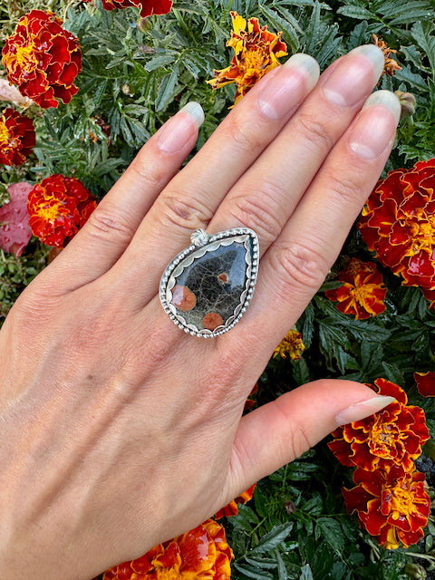 Large Teardrop Peanut Obsidian Ring Size 9.5