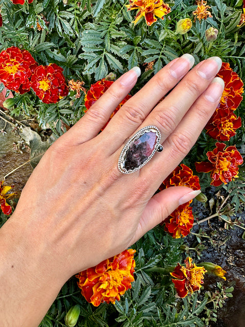 Oval Rhodonite Beaded Ring Size 11
