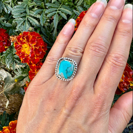 Square Mojave Turquoise Beaded Ring Size 5.5