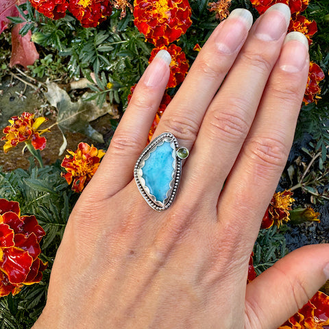 Freeform Larimar & Peridot Ring Size 6.5