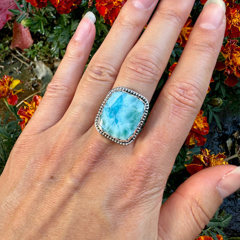 Rectangle Larimar Beaded Collar Ring Size 7.5