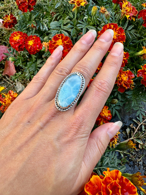 Long Oval Faceted Larimar Ring Size 7.25