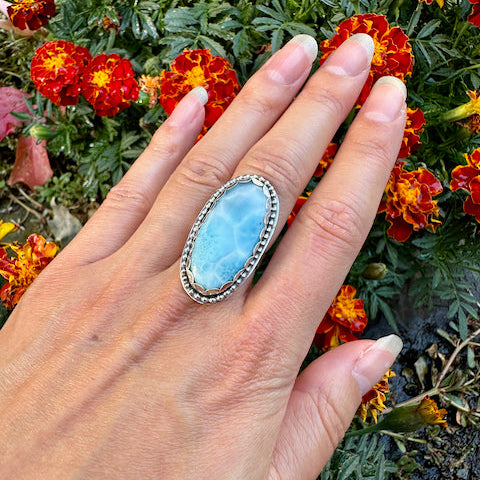 Long Oval Faceted Larimar Ring Size 7.25